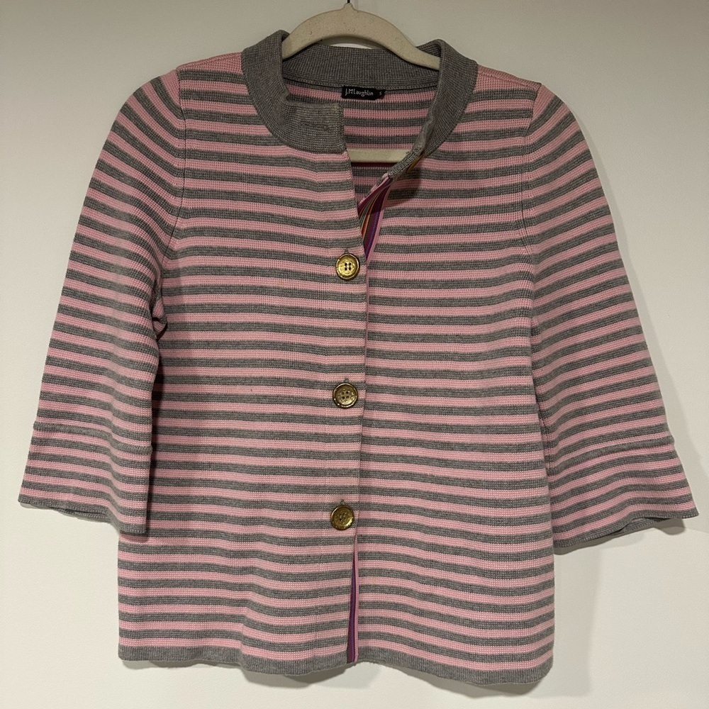 J. McLaughlin Pink Gray Striped Blazer Knit Sweater Cardigan Small